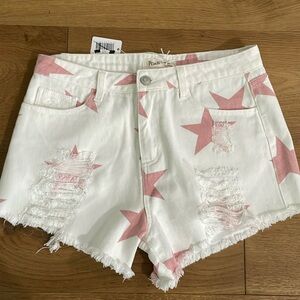 Peach Love California White and Pink Star Medium Denim Jean Shorts